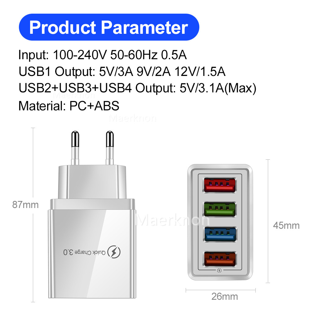 Travel Accessories Iphone - 4 USB-Schnellladegeräte EU/US-Standard-Adapter Reiseladegerät mit Mehrfachanschlüssen